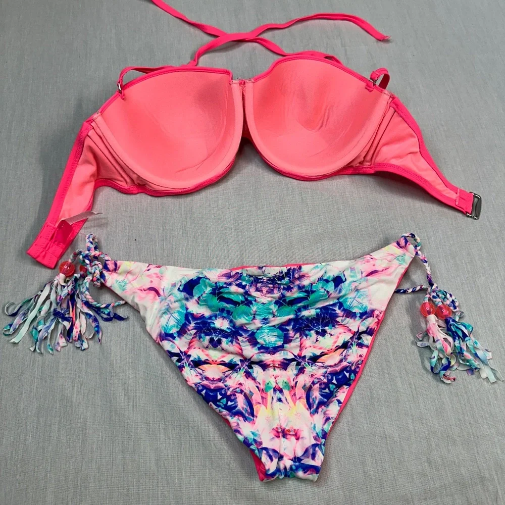 Victoria's Secret Push Up Bikini Reversible Bottoms size L 36DD Fringe Hot Pink - Picture 2 of 6